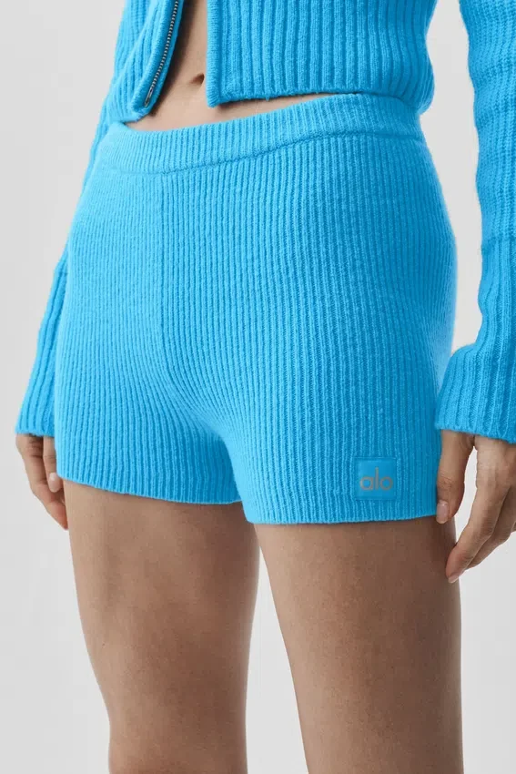 Pantalones cortos Noble de lana y cachemira con canalé - Azul celeste