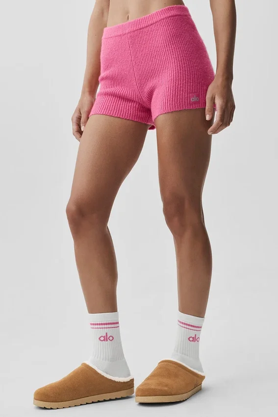 Pantalones cortos Noble de lana y cachemira con canalé - Rosa paraíso