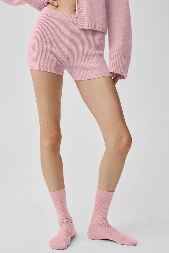 Pantalones cortos Noble de lana y cachemira con canalé - Rosa vintage