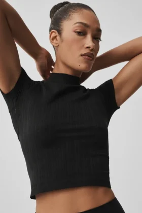 Pantalones cortos sin costuras con cuello alto de punto calado - Negro