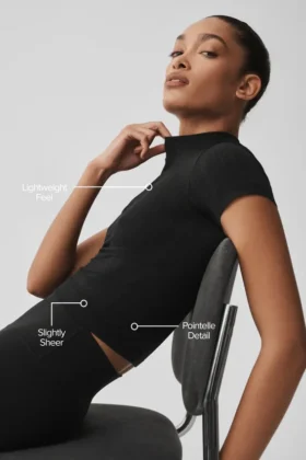 Pantalones cortos sin costuras con cuello alto de punto calado – Negro