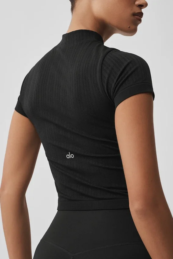 Pantalones cortos sin costuras con cuello alto de punto calado - Negro