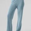 Pantalones de cachemira de punto waffle mullidos y de cintura High-Waist - Azul celeste jaspeado