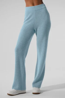 Pantalones de cachemira de punto waffle mullidos y de cintura High-Waist - Azul celeste jaspeado