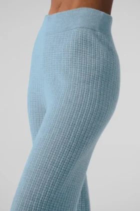 Pantalones de cachemira de punto waffle mullidos y de cintura High-Waist – Azul celeste jaspeado