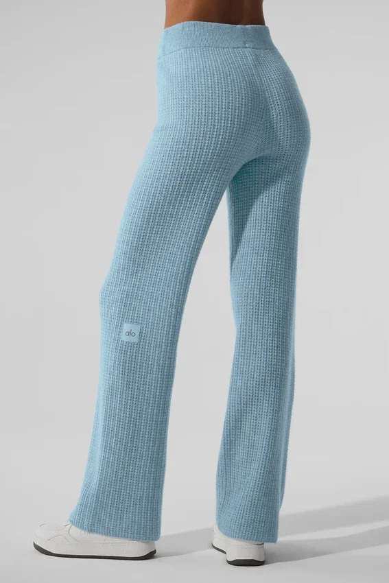 Pantalones de cachemira de punto waffle mullidos y de cintura High-Waist - Azul celeste jaspeado