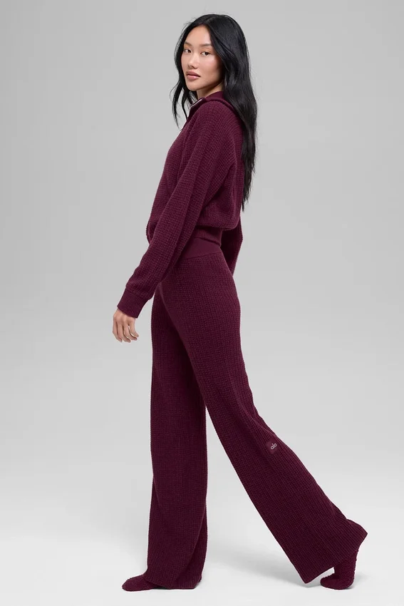 Pantalones de cachemira High-Waist con tejido de panal mullido - Burdeos