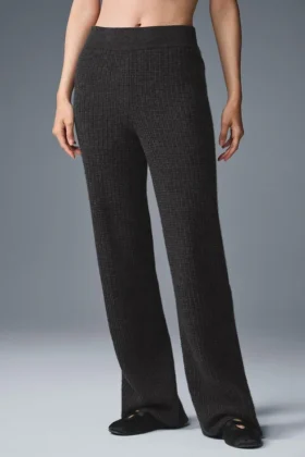 Pantalones de cachemira High-Waist con tejido de panal mullido - Gris oscuro jaspeado