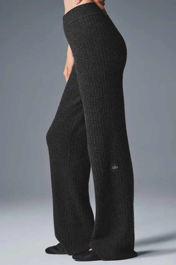 Pantalones de cachemira High-Waist con tejido de panal mullido - Gris oscuro jaspeado