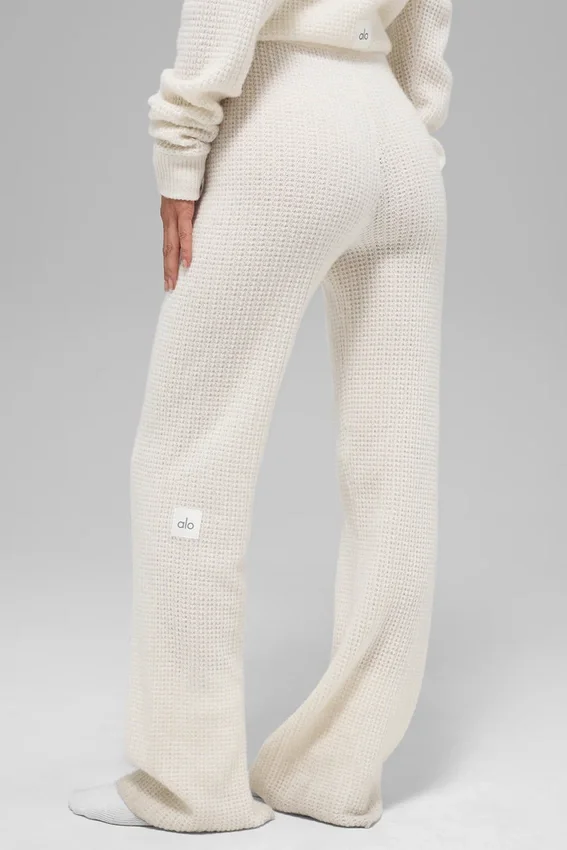 Pantalones de cachemira High-Waist con tejido de panal mullido - Marfil