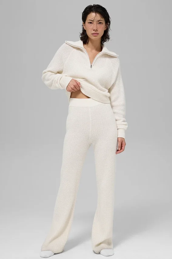 Pantalones de cachemira High-Waist con tejido de panal mullido - Marfil