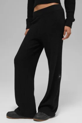 Pantalones de cachemira High-Waist con tejido de panal mullido - Negro
