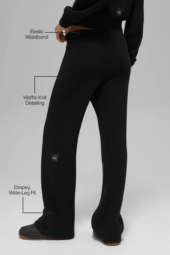 Pantalones de cachemira High-Waist con tejido de panal mullido - Negro