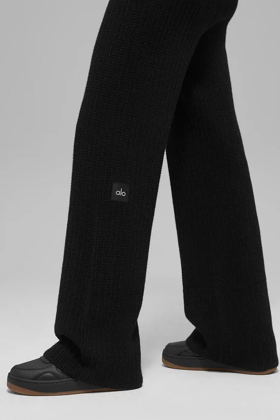 Pantalones de cachemira High-Waist con tejido de panal mullido - Negro