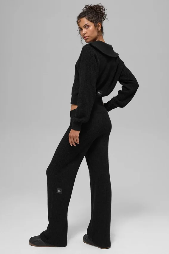 Pantalones de cachemira High-Waist con tejido de panal mullido - Negro