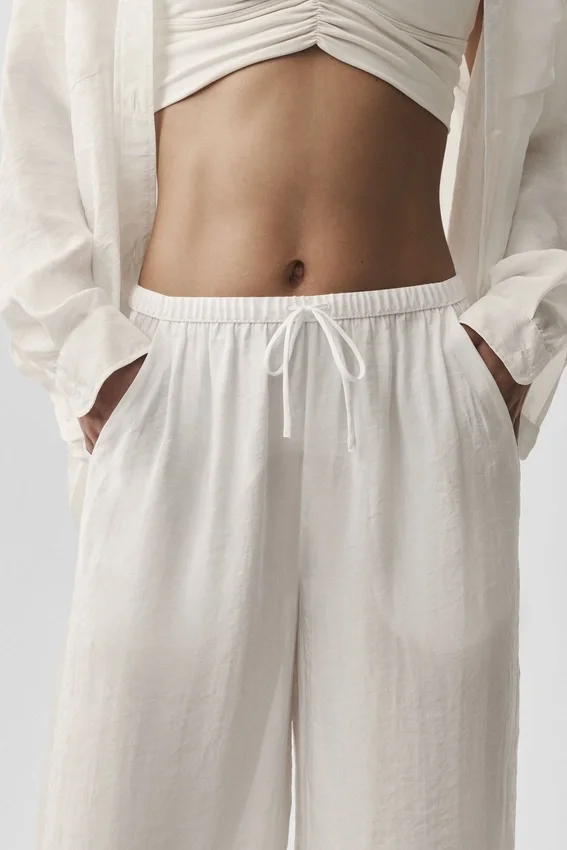 Pantalones rectos High-Waist «Golden Hour» semitransparentes - Marfil
