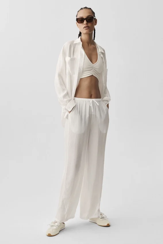 Pantalones rectos High-Waist «Golden Hour» semitransparentes - Marfil