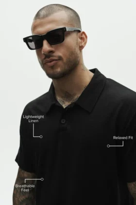 Polo de manga corta «Coastal» de jersey de lino – Negro