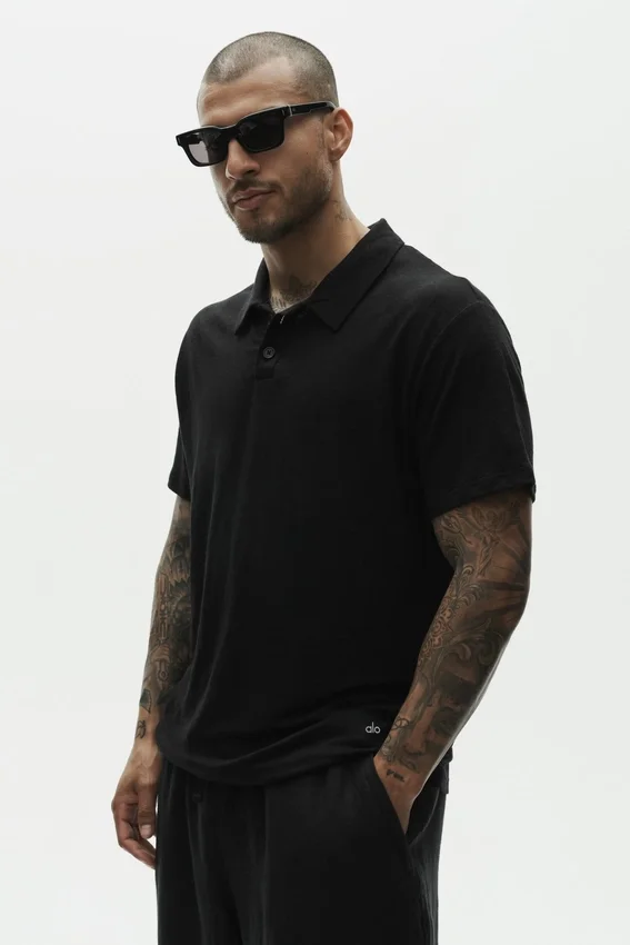 Polo de manga corta «Coastal» de jersey de lino - Negro