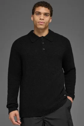 Polo de manga larga de punto texturizado - Negro