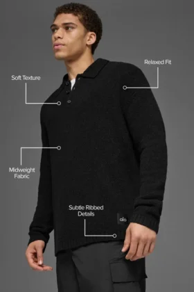 Polo de manga larga de punto texturizado – Negro