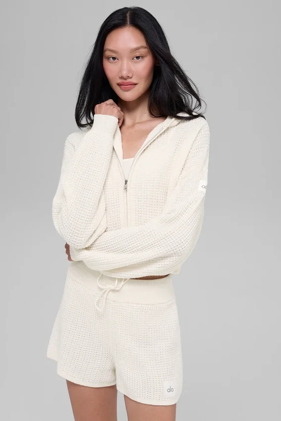 Sudadera con capucha de cachemira afelpada con estampado de panal y cremallera completa - Marfil