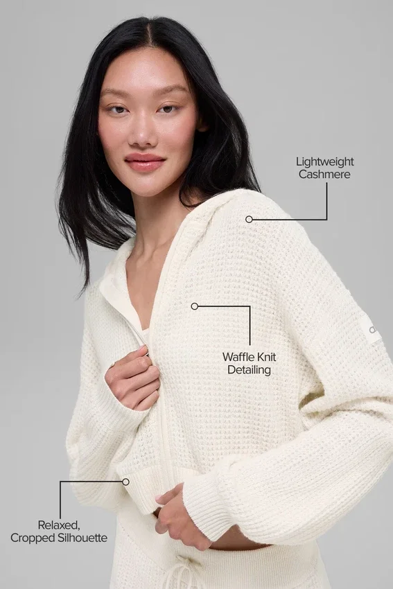 Sudadera con capucha de cachemira afelpada con estampado de panal y cremallera completa - Marfil