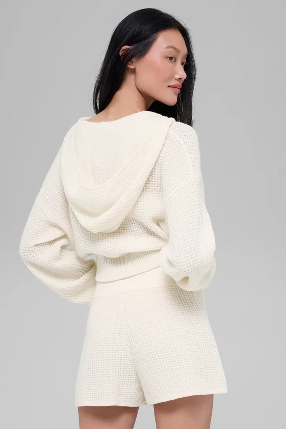 Sudadera con capucha de cachemira afelpada con estampado de panal y cremallera completa - Marfil