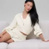 Sudadera con capucha de cachemira afelpada con estampado de panal y cremallera completa - Marfil