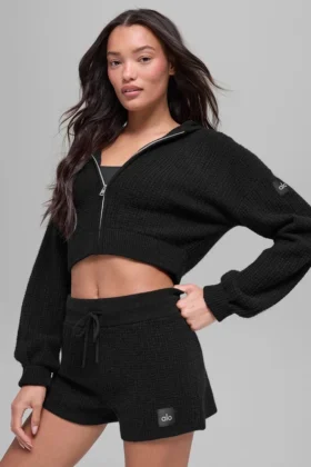 Sudadera con capucha de cachemira con tejido de rizo y cremallera completa - Negro
