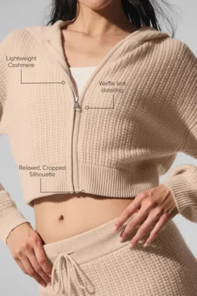 Sudadera con capucha de cachemira de punto waffle con cremallera completa – Macadamia Blush