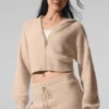 Sudadera con capucha de cachemira de punto waffle con cremallera completa - Macadamia Blush