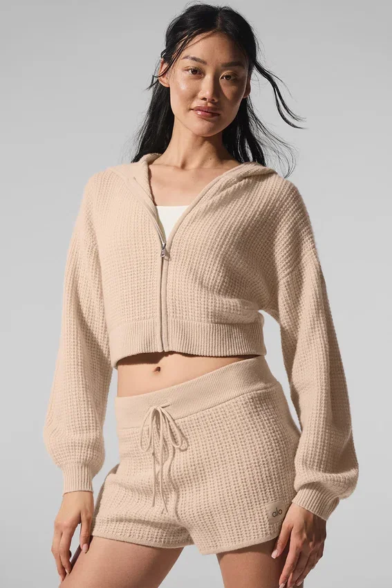 Sudadera con capucha de cachemira de punto waffle con cremallera completa - Macadamia Blush