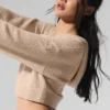 Sudadera con capucha de cachemira de punto waffle con cremallera completa - Macadamia Blush