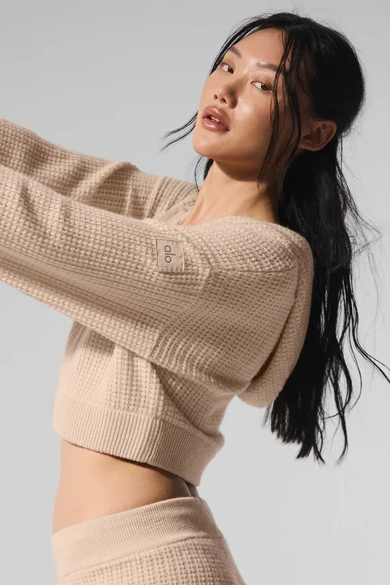 Sudadera con capucha de cachemira de punto waffle con cremallera completa - Macadamia Blush