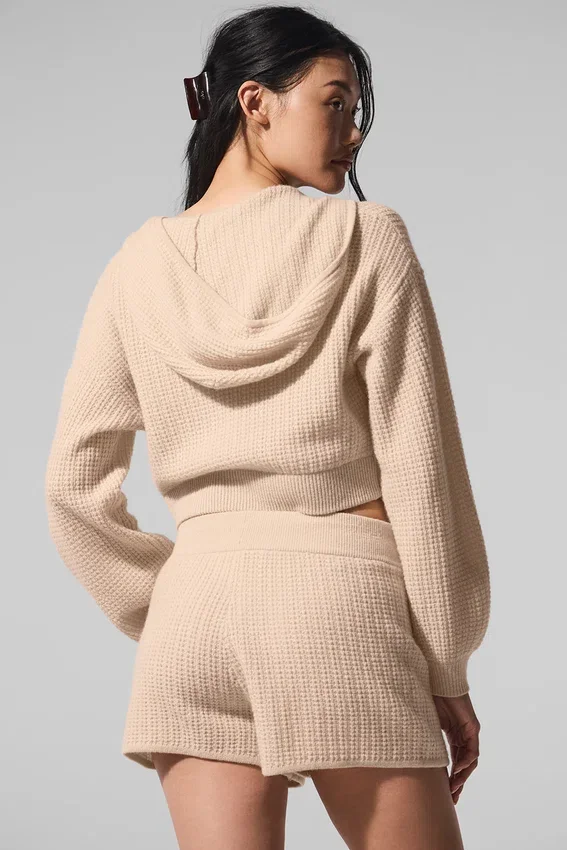 Sudadera con capucha de cachemira de punto waffle con cremallera completa - Macadamia Blush