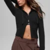 Sudadera con capucha Noble de lana y cachemira acanalada con cremallera completa - Negro