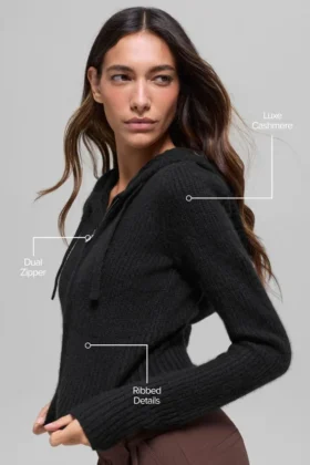 Sudadera con capucha Noble de lana y cachemira acanalada con cremallera completa – Negro