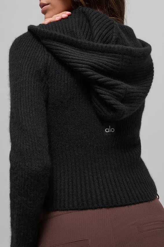 Sudadera con capucha Noble de lana y cachemira acanalada con cremallera completa - Negro