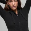 Sudadera con capucha Noble de lana y cachemira acanalada con cremallera completa - Negro