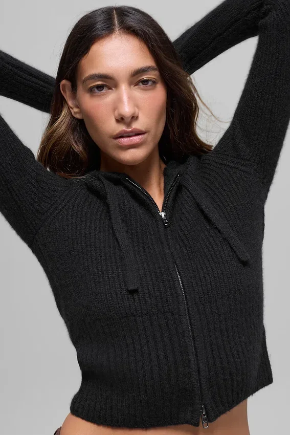Sudadera con capucha Noble de lana y cachemira acanalada con cremallera completa - Negro