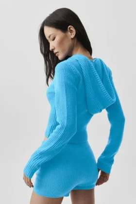 Sudadera con capucha Noble de lana y cachemira con canalé y cremallera completa – Azul celeste