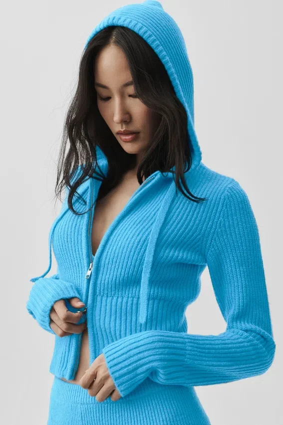 Sudadera con capucha Noble de lana y cachemira con canalé y cremallera completa - Azul celeste