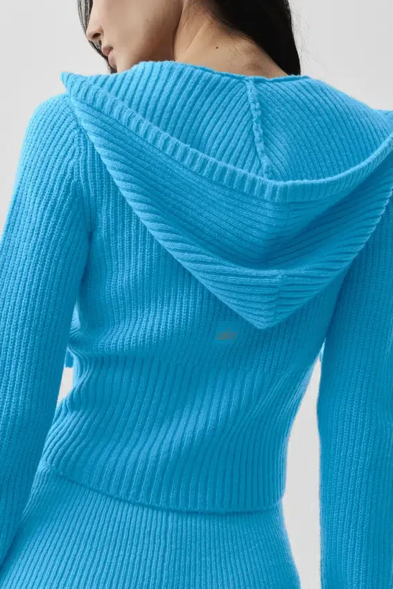 Sudadera con capucha Noble de lana y cachemira con canalé y cremallera completa - Azul celeste