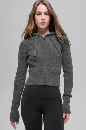 Sudadera con capucha Noble de lana y cachemira con canalé y cremallera completa - Gris platino