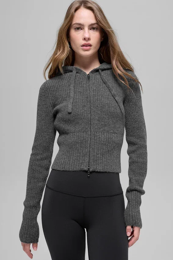 Sudadera con capucha Noble de lana y cachemira con canalé y cremallera completa - Gris platino