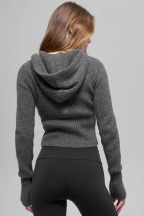 Sudadera con capucha Noble de lana y cachemira con canalé y cremallera completa – Gris platino