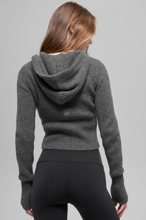 Sudadera con capucha Noble de lana y cachemira con canalé y cremallera completa - Gris platino