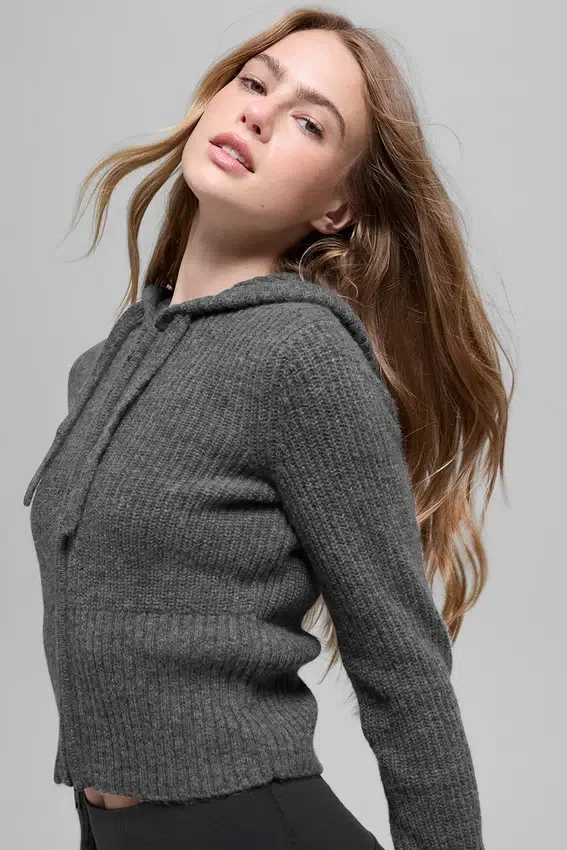 Sudadera con capucha Noble de lana y cachemira con canalé y cremallera completa - Gris platino