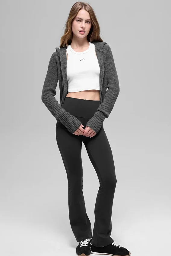 Sudadera con capucha Noble de lana y cachemira con canalé y cremallera completa - Gris platino